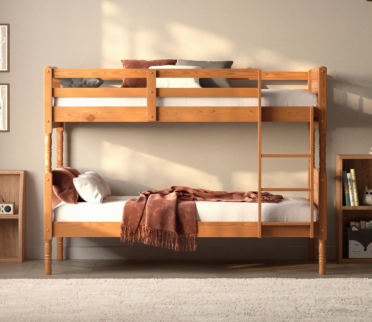 Modern children’s bunk bed made from natural pine wood, shown in a cozy, well-lit room.