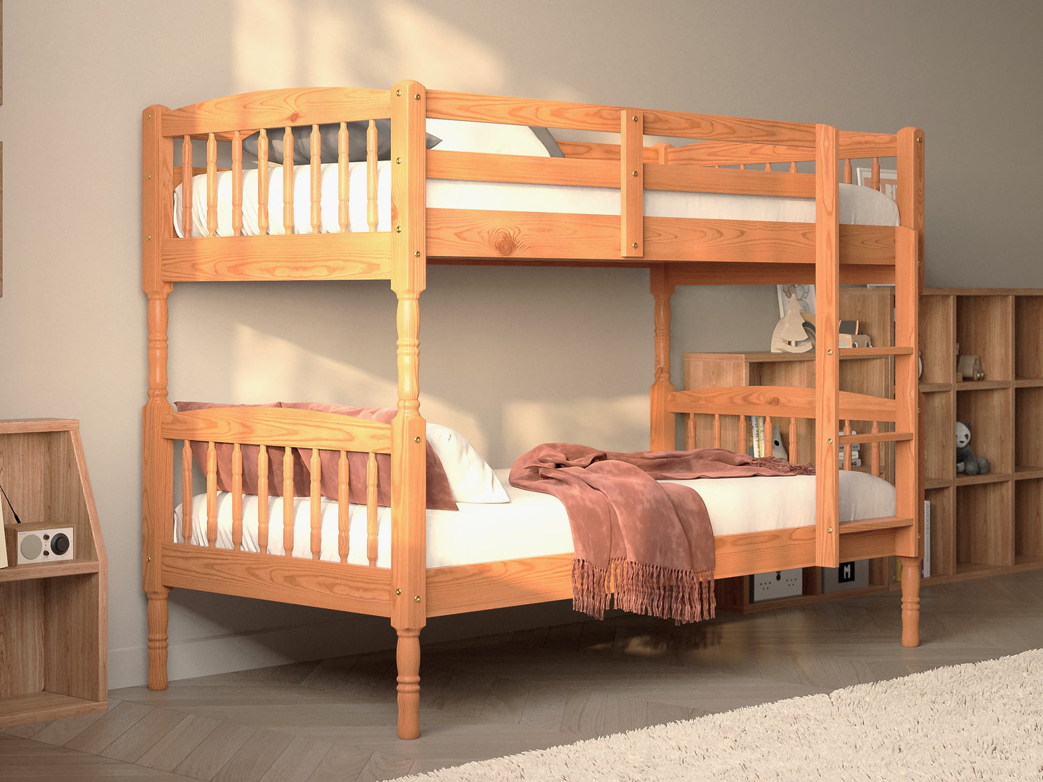 Functional and timeless kids’ bunk bed with sturdy wooden frame, ideal for shared bedrooms.