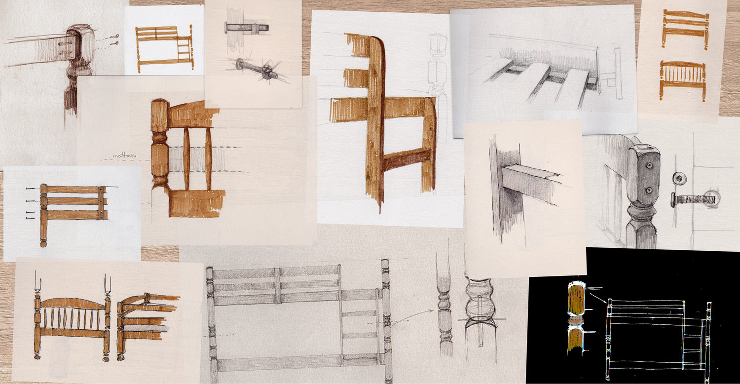 A pile of detailed drawings and design schemes illustrating the careful thought process behind the Junio bunk bed — focusing on safety, sustainable wood, space-saving features, and durable construction for kids’ rooms.
